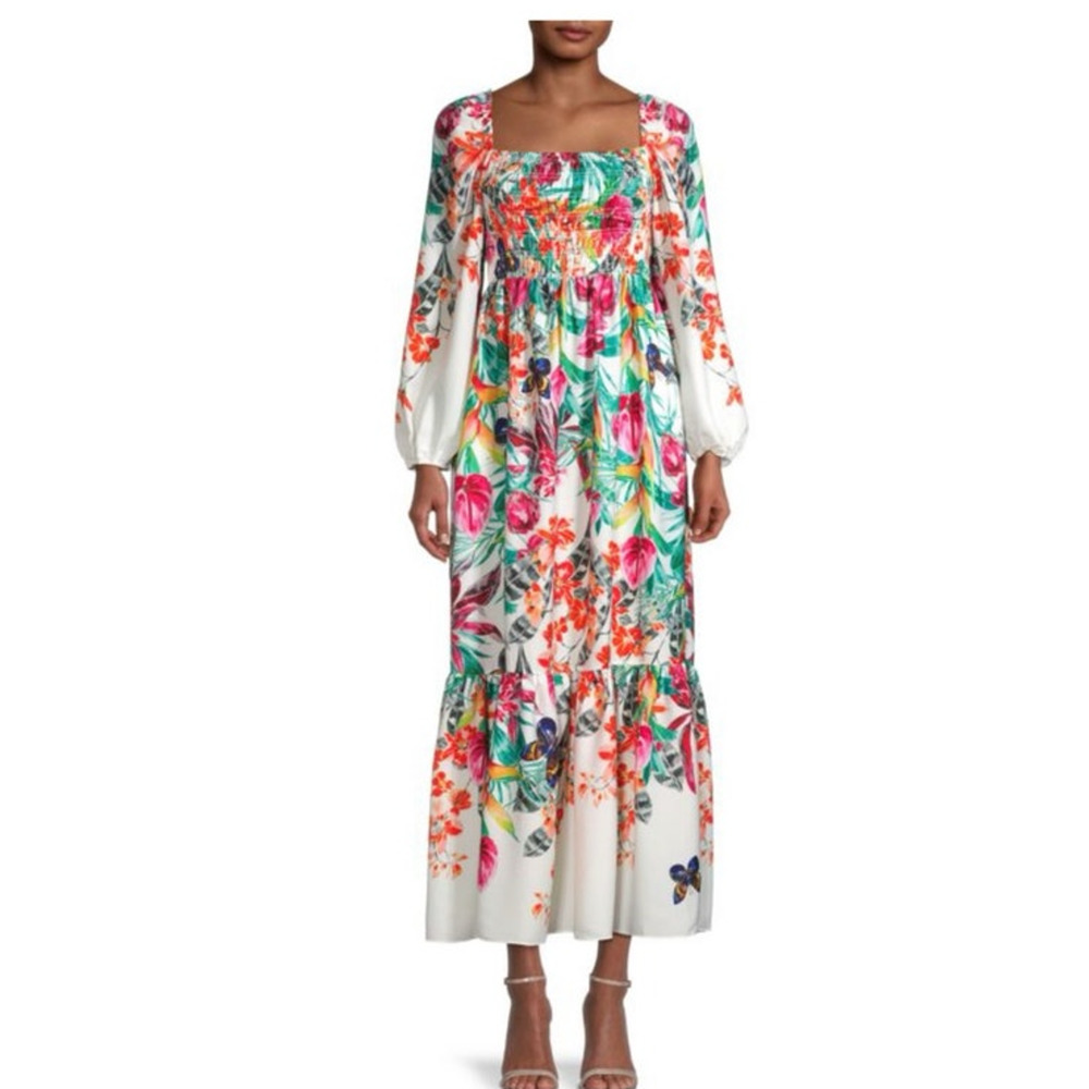 Ungaro Sheri Floral Smocked Maxi Dress XL Long Sleeve Romantic Boho Luxe